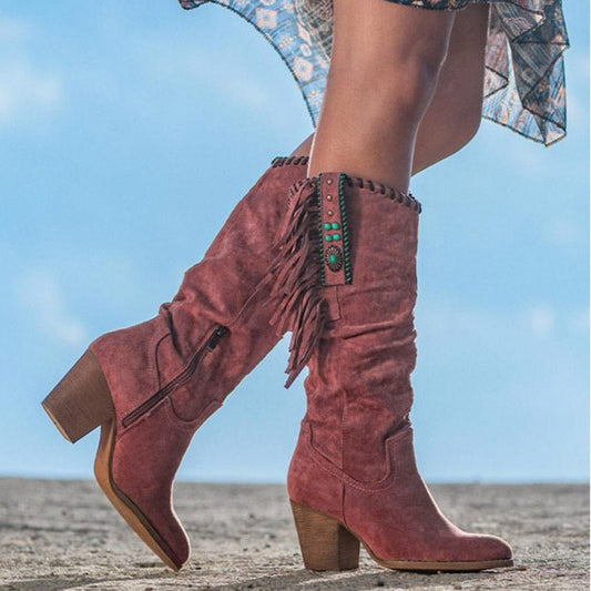 Women’s Knee-High Boots – Faux Suede – Fringe Detail – Block Heel – Western Style
