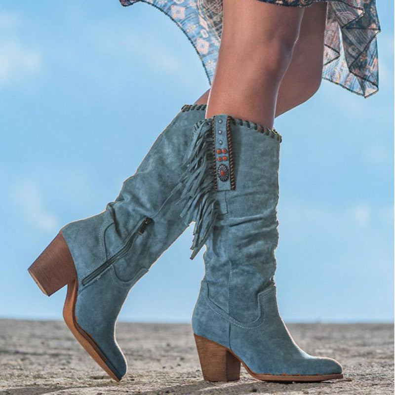 Women’s Knee-High Boots – Faux Suede – Fringe Detail – Block Heel – Western Style