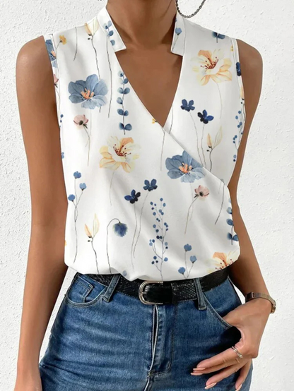 Women’s Sleeveless Top – Tailored Fit – V-Neck Wrap Front – Floral Print – Breathable Blend