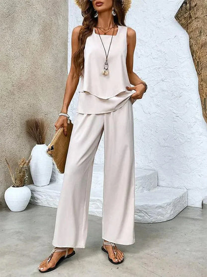 Women’s Two-Piece Set – Sleeveless Top and Wide-Leg Pants – Breathable Blend – Relaxed Fit