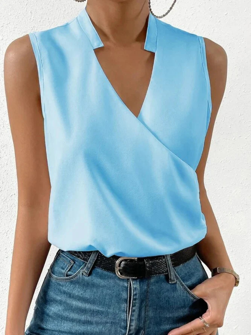 Women’s Sleeveless Top – Tailored Fit – V-Neck Wrap Front – Floral Print – Breathable Blend