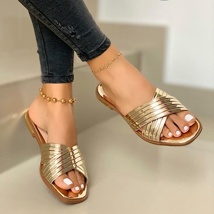 Women’s Flat Sandals – Patent Shine – Crisscross Straps – Open Toe Slip-On Comfort