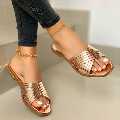Women’s Flat Sandals – Patent Shine – Crisscross Straps – Open Toe Slip-On Comfort