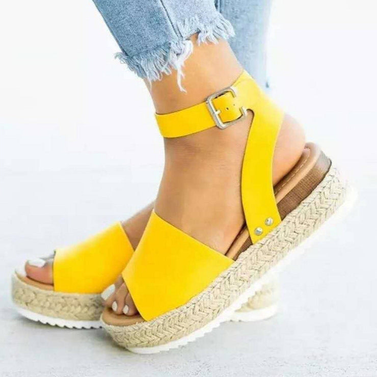 Women’s Wedge Sandals – Open Toe – Ankle Strap – Cushioned Footbed – Jute Platform