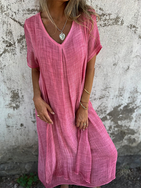Women’s Midi Dress – Relaxed Fit – V-Neck – Short Sleeve – Breathable Natural Fibers