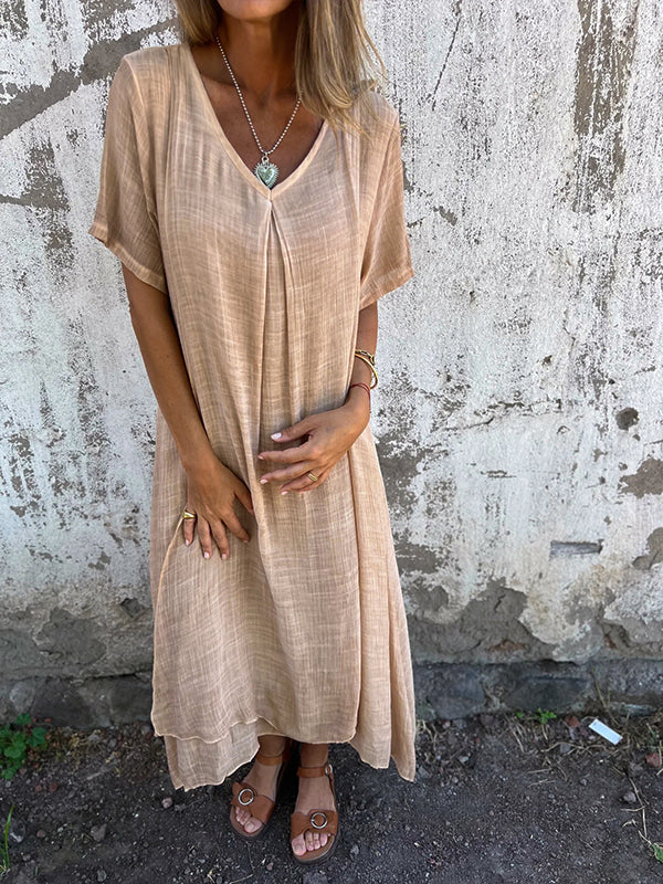Women’s Midi Dress – Relaxed Fit – V-Neck – Short Sleeve – Breathable Natural Fibers
