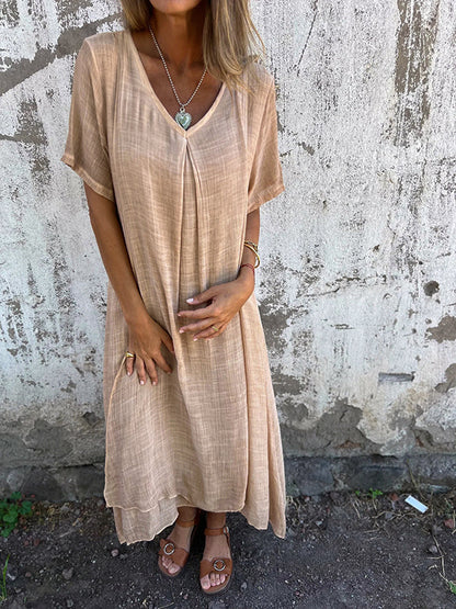 Women’s Midi Dress – Relaxed Fit – V-Neck – Short Sleeve – Breathable Natural Fibers