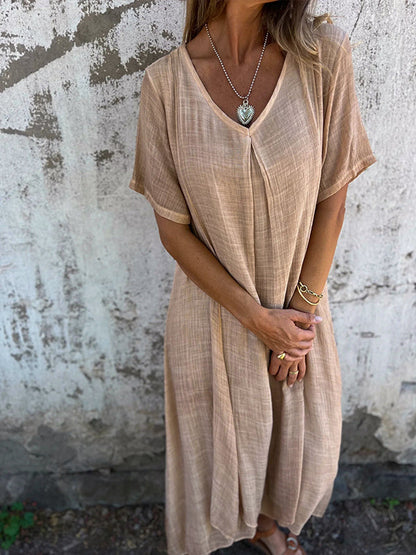 Women’s Midi Dress – Relaxed Fit – V-Neck – Short Sleeve – Breathable Natural Fibers