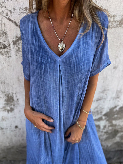 Women’s Midi Dress – Relaxed Fit – V-Neck – Short Sleeve – Breathable Natural Fibers