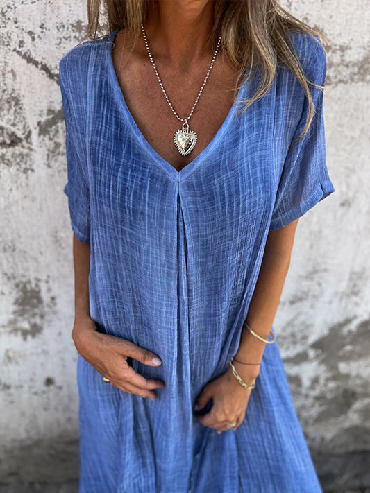 Women’s Midi Dress – Relaxed Fit – V-Neck – Short Sleeve – Breathable Natural Fibers