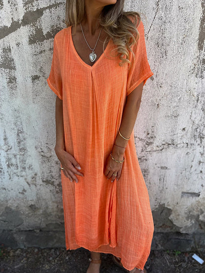 Women’s Midi Dress – Relaxed Fit – V-Neck – Short Sleeve – Breathable Natural Fibers