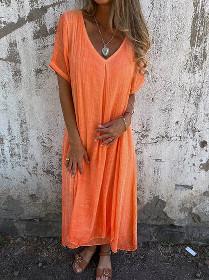 Women’s Midi Dress – Relaxed Fit – V-Neck – Short Sleeve – Breathable Natural Fibers
