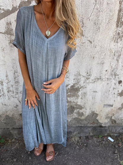 Women’s Midi Dress – Relaxed Fit – V-Neck – Short Sleeve – Breathable Natural Fibers