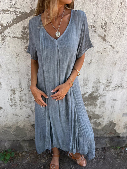 Women’s Midi Dress – Relaxed Fit – V-Neck – Short Sleeve – Breathable Natural Fibers
