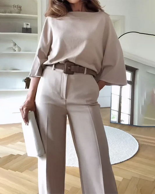 Women’s Boat Neck Top and Wide-Leg Pants Set - Soft Fabric - Relaxed Fit