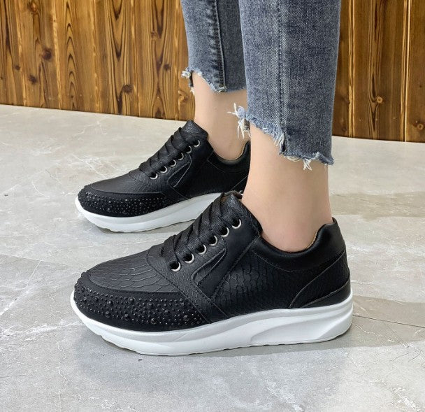 Women’s Athletic Sneakers – Rhinestone Embellished – Textured Pattern – Lace-Up Fit