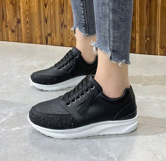 Women’s Athletic Sneakers – Rhinestone Embellished – Textured Pattern – Lace-Up Fit