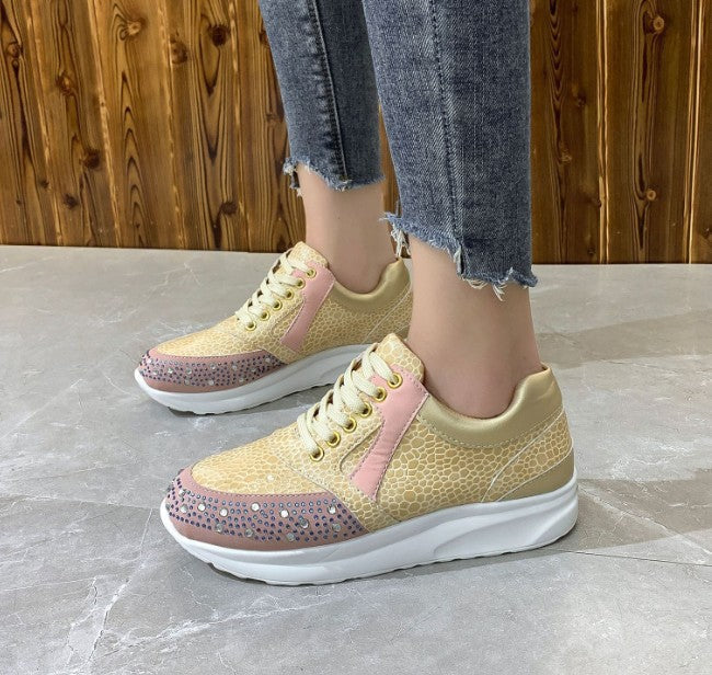 Women’s Athletic Sneakers – Rhinestone Embellished – Textured Pattern – Lace-Up Fit