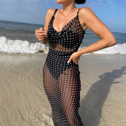 Women’s Slip Dress – Slim Fit – Sheer Mesh – Spaghetti Strap – Dotted Full Length