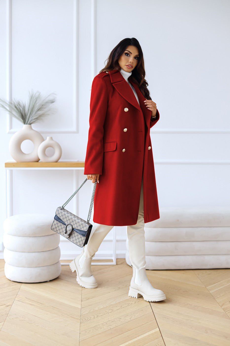 Women’s Wool Coat – Tailored Fit – Double Breasted – Full Length – Classic Lapel