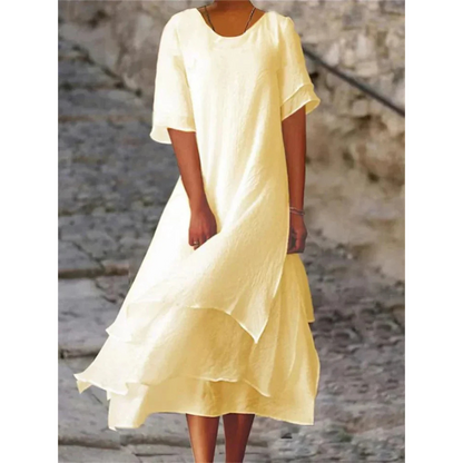 Women's Midi Dress - Natural Fiber - Flowing A-Line Silhouette - Layered Hem
