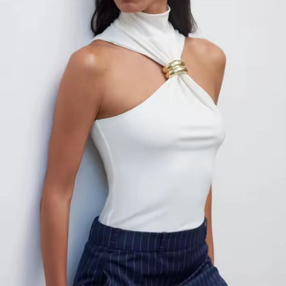 Women’s Tank Top – Slim Fit Halter Style – Soft Knit with Front Metal Ring