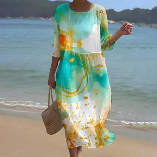 Women’s Maxi Dress – Breathable Blend – Loose Fit – 3/4 Sleeve – Abstract Print