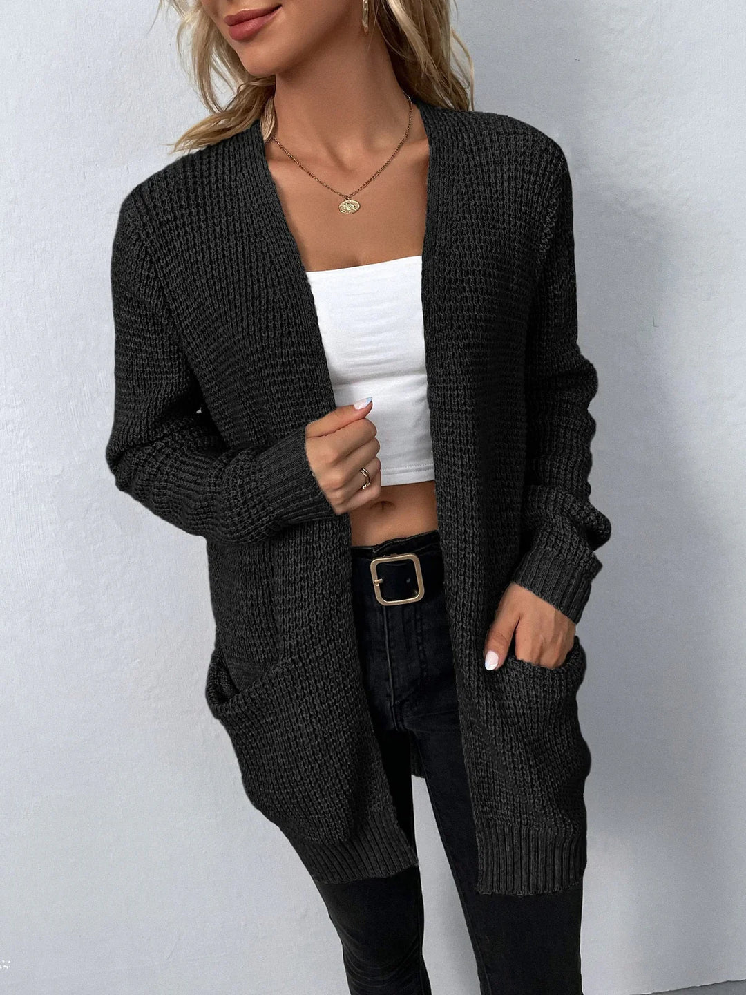 Women’s Long Cardigan – Relaxed Fit – Soft Knit – Open Front – Ribbed Trim – Pockets