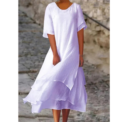 Women's Midi Dress - Natural Fiber - Flowing A-Line Silhouette - Layered Hem