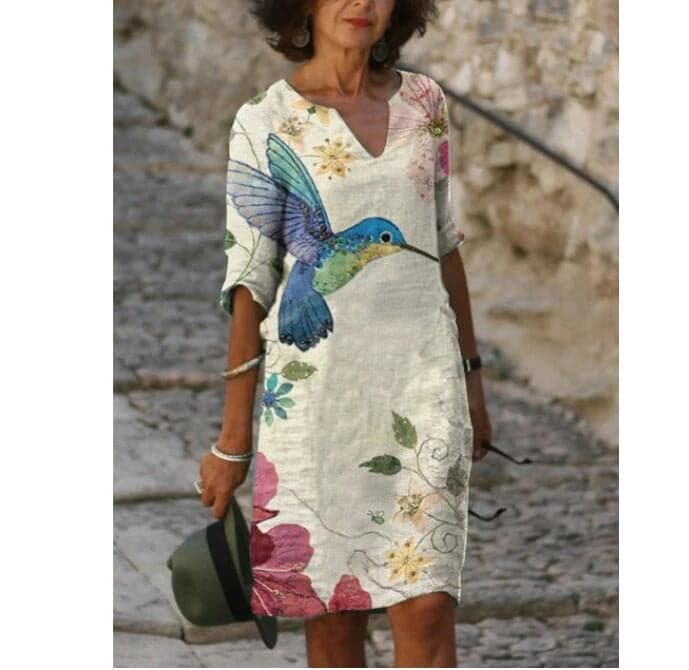 Women’s Knee-Length Dress – Relaxed Fit – Artistic Print – Cotton Blend – V-Neck