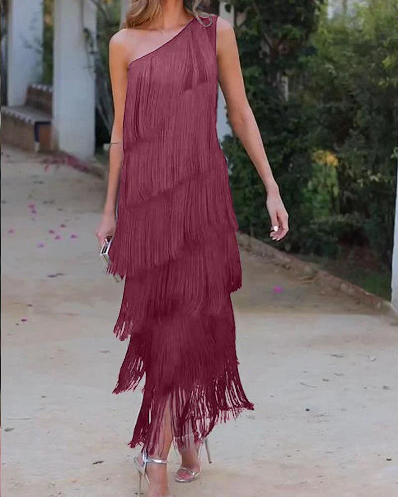 Women's One-Shoulder Fringe Dress - Asymmetric Layered Formal Wear