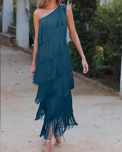 Women's One-Shoulder Fringe Dress - Asymmetric Layered Formal Wear
