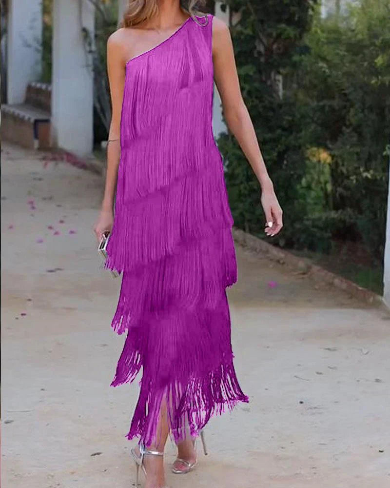 Women's One-Shoulder Fringe Dress - Asymmetric Layered Formal Wear