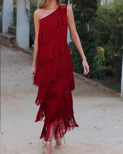 Women's One-Shoulder Fringe Dress - Asymmetric Layered Formal Wear