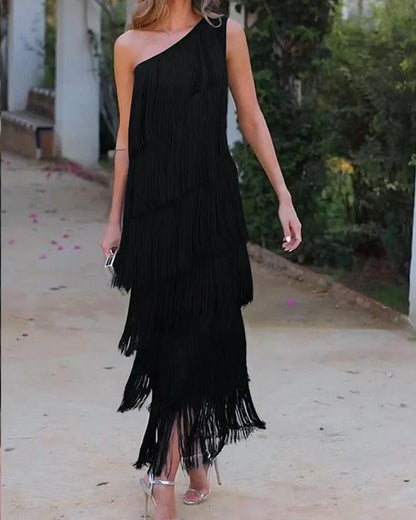 Women's One-Shoulder Fringe Dress - Asymmetric Layered Formal Wear