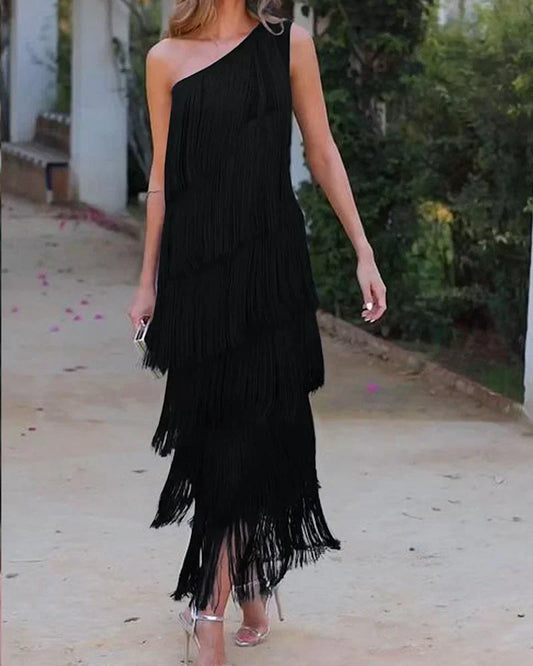 Women's One-Shoulder Fringe Dress - Asymmetric Layered Formal Wear