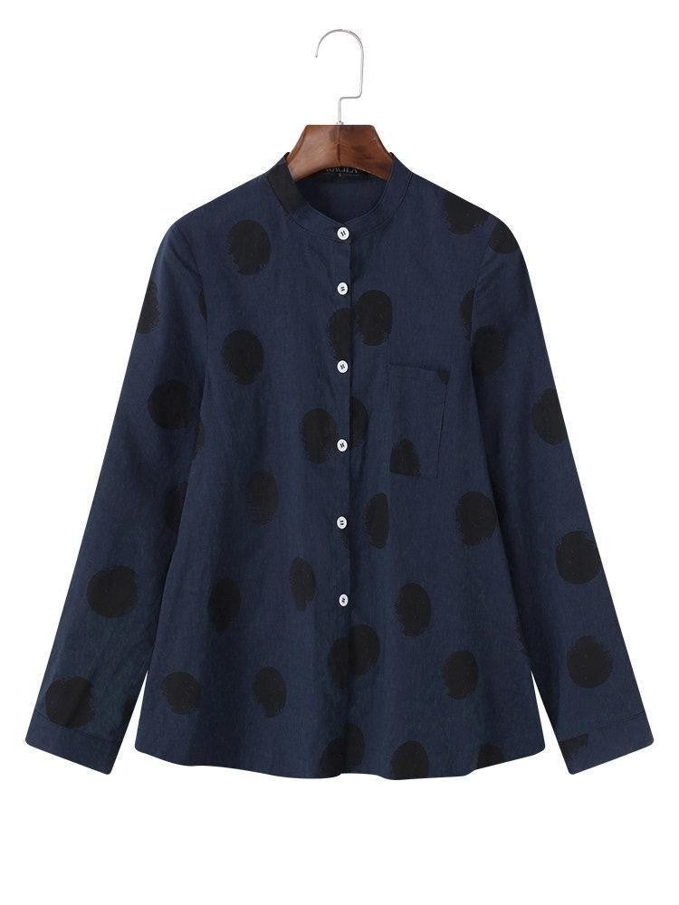 Women’s Blouse – Relaxed Fit – Polka Dot – Soft Stand Collar – Button Front – Long Sleeve