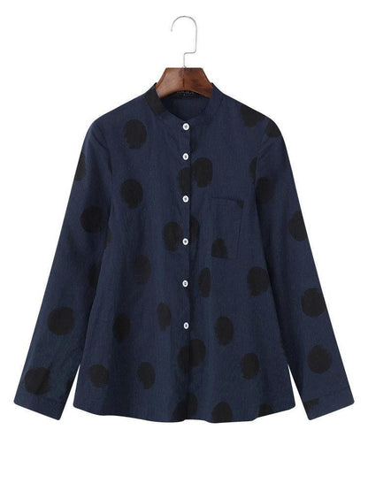 Women’s Blouse – Relaxed Fit – Polka Dot – Soft Stand Collar – Button Front – Long Sleeve