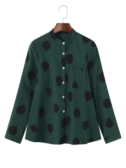 Women’s Blouse – Relaxed Fit – Polka Dot – Soft Stand Collar – Button Front – Long Sleeve