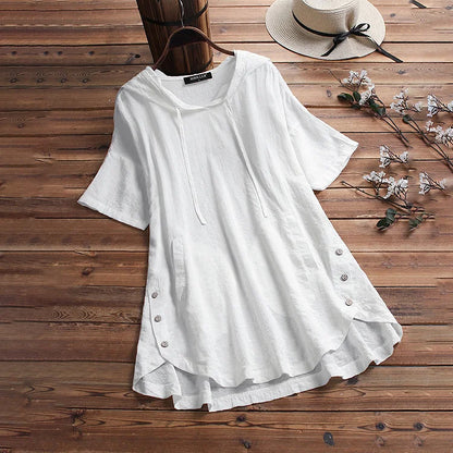 Women’s T-Shirt – Relaxed Fit – Tunic Length – Button Detail – Soft Breathable Blend