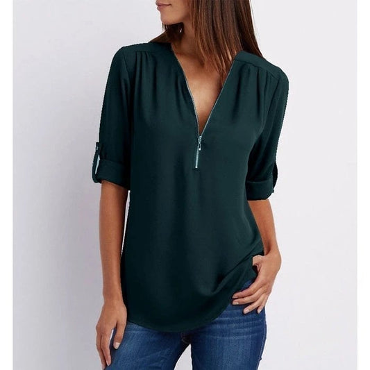 Women’s Blouse – Relaxed Fit – Cotton Blend – Half Zip – 3/4 Roll-Up Sleeves