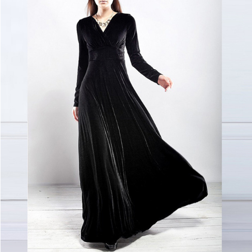 Women’s Evening Dress – Velvet Look – A-Line Fit – Deep V-Neck – Long Sleeve Formal Wear