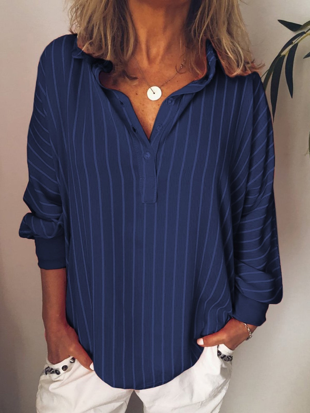 Women’s Collared Shirt – Relaxed Fit – Vertical Stripes – Cotton Blend – Long Sleeve