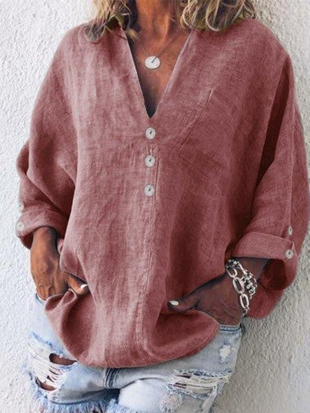 Women’s Blouse – Oversized Fit – V-Neck Button Front – Long Sleeve – Cotton