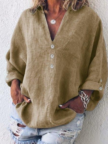 Women’s Blouse – Oversized Fit – V-Neck Button Front – Long Sleeve – Cotton