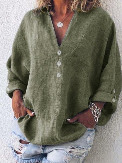 Women’s Blouse – Oversized Fit – V-Neck Button Front – Long Sleeve – Cotton