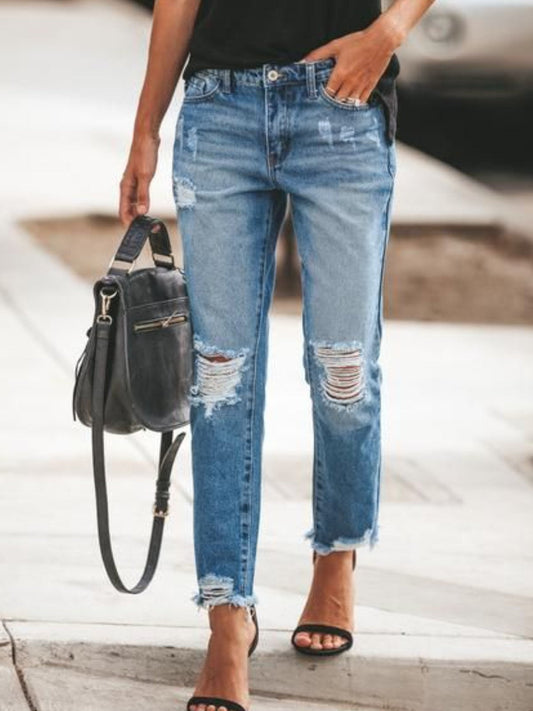 Women’s Denim Pants – Relaxed Fit – Distressed Style – Ankle Length – Street Look