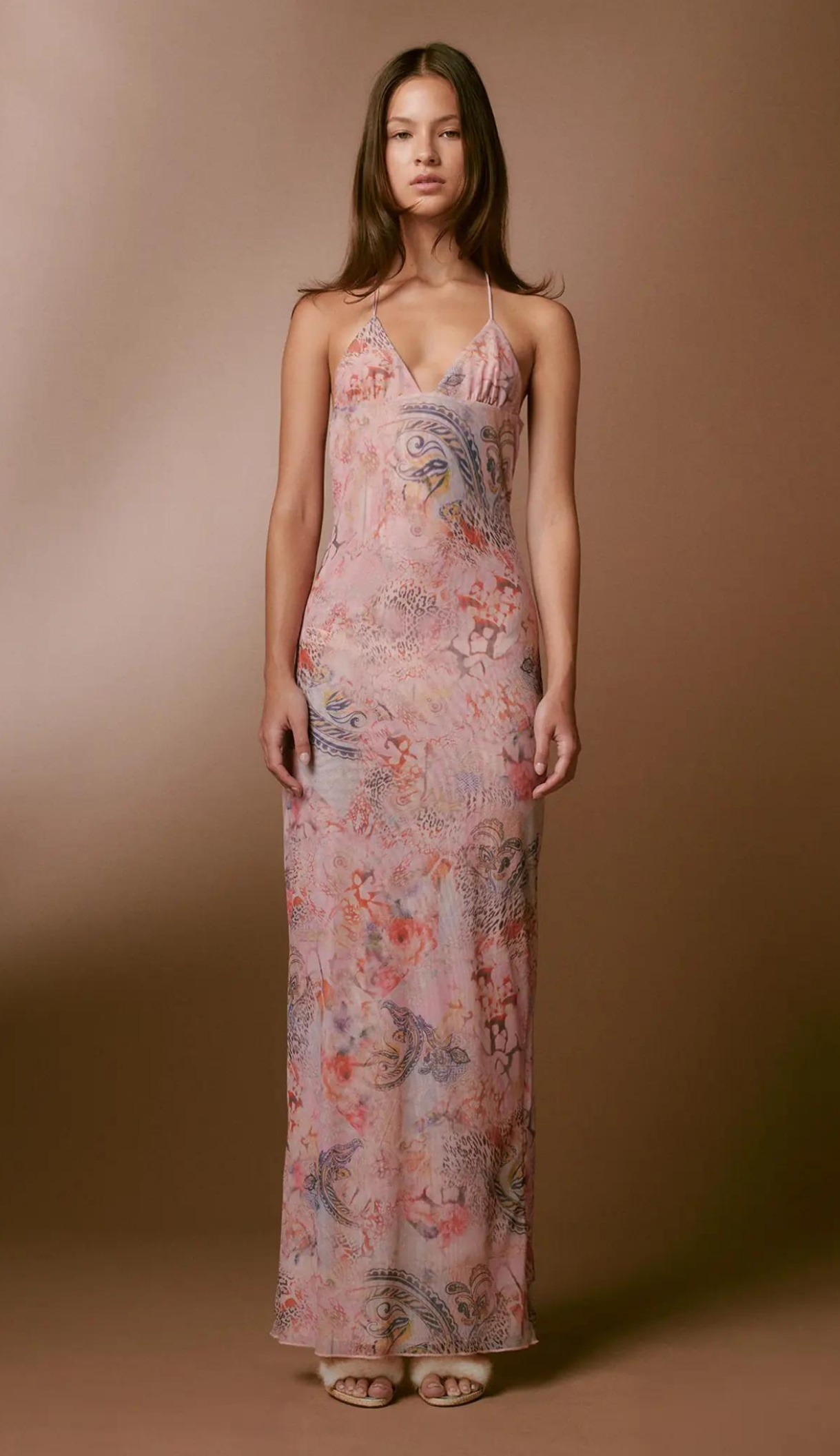 Women’s Full-Length Dress – Slim Fit – Sheer Fabric – Open Back – Butterfly Detail