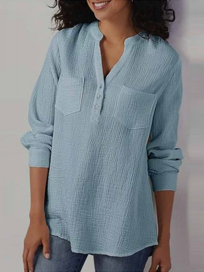 Women’s Blouse – Relaxed Fit – Long Sleeve – Cotton Texture – Band Collar – Pockets