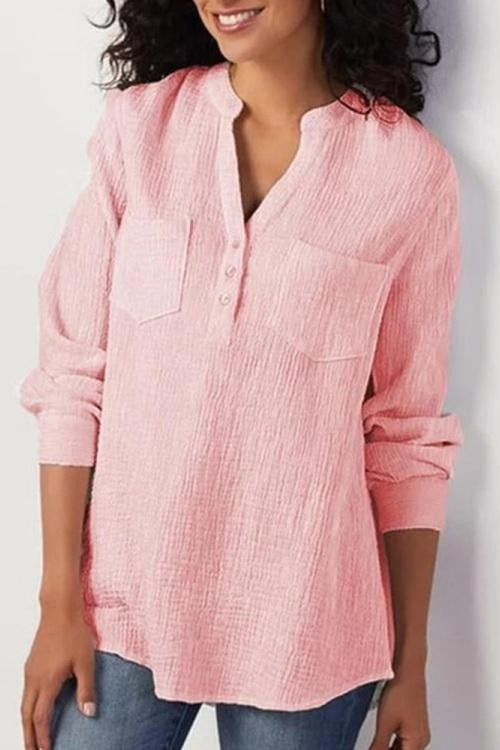 Women’s Blouse – Relaxed Fit – Long Sleeve – Cotton Texture – Band Collar – Pockets